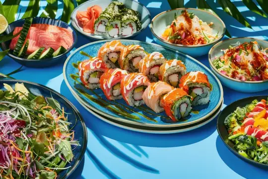 Изысканное разнообразие суши и вкусной еды на синем столе, на заднем плане пальмы