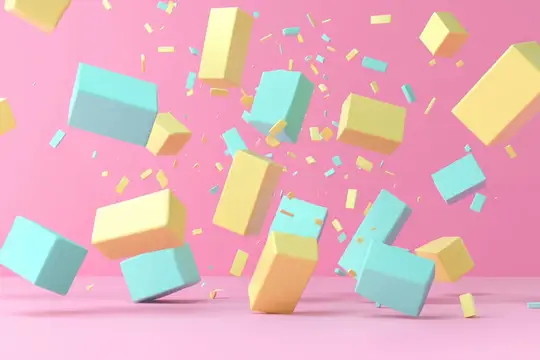 3D-рендер с летящими пастельными блоками на розовом фоне
