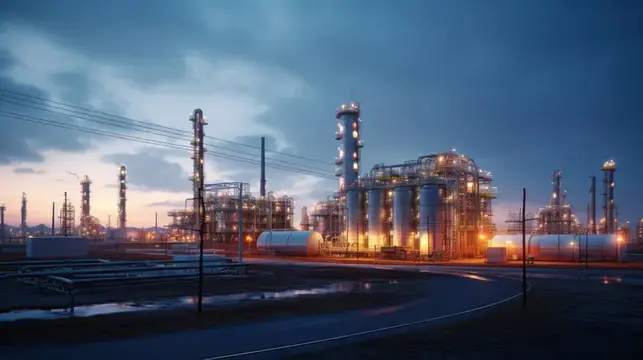 Нефтеперерабатывающий завод светится огнями в сумерках