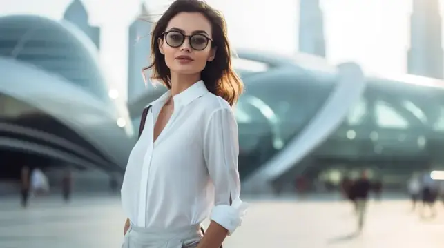 Уверенная брюнетка в солнцезащитных очках на фоне футуристического города
