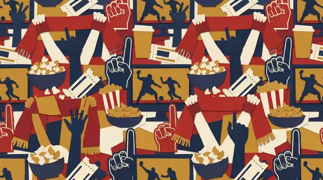 Повторяющийся бумажный коллаж из закусок, аплодирующих рук, билетов и экранов для вечеринок по просмотру спортивных состязаний, фанатских кампаний и рекламных акций мероприятий