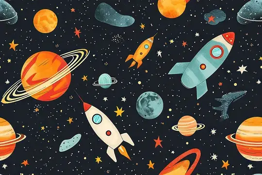 Космическое ракетное приключение: мультяшная планета с милыми астронавтами и космическими кораблями, летящими сквозь бесшовный галактический узор в красочной иллюстрации в стиле дудл