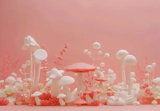 3D-рендер сказочных белых грибов и растений на розовом фоне