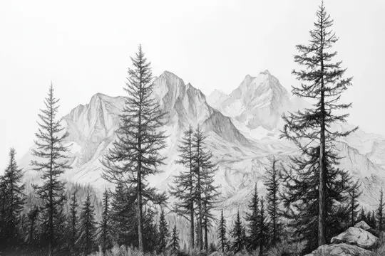 Карандашный рисунок с высокими елями на фоне горных вершин