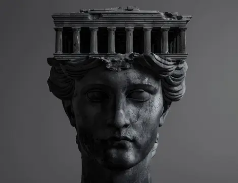 Статуя королевской особы с короной, символ красоты и искусства в черно-белой фотографии