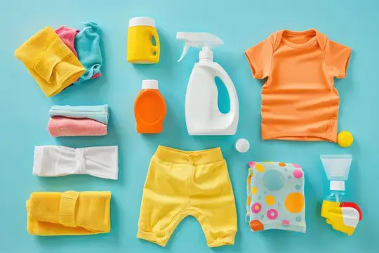 Яркая композиция в стиле flat lay из предметов первой необходимости для стирки, включая одежду, моющее средство и кондиционеры, на успокаивающем голубом фоне