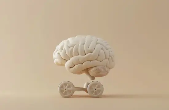 3D-рендер модели мозга на колёсах на бежевом фоне