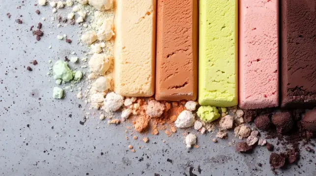 Разноцветные мелки и рассыпчатая пастель на сером фоне