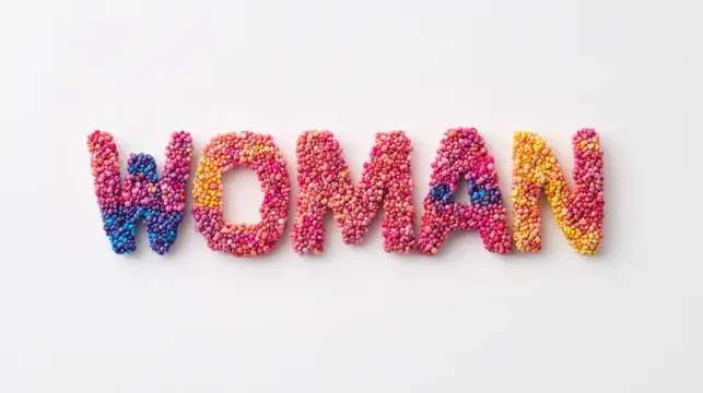 Слово WOMAN выложено разноцветными конфетами на белом фоне
