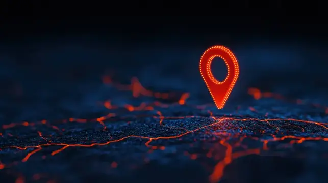 Эта абстрактная иллюстрация изображает светящийся указатель местоположения на темном фоне, символизируя технологию GPS, цифровое картографирование и навигационные сервисы