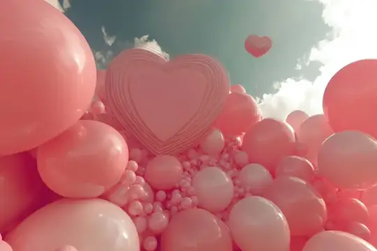 3D-рендер с розовыми воздушными шарами и сердцем в облаках