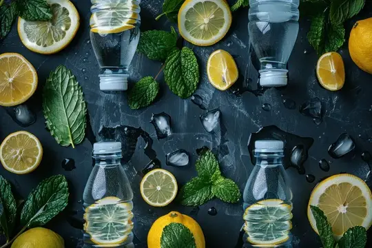 Бутылки воды с лимоном и мятой на тёмном фоне