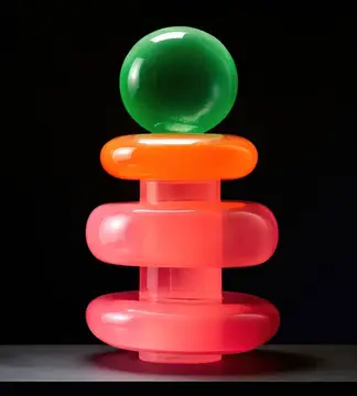 3D-рендер разноцветной пирамидки из глянцевых колец на тёмном фоне
