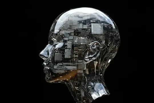 Изысканная скульптура прозрачной головы с детализированными электронными компонентами, представляющая слияние человеческого интеллекта и технологий