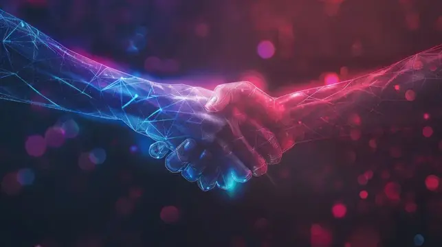 3D-рендер рукопожатия из светящихся синих и красных линий