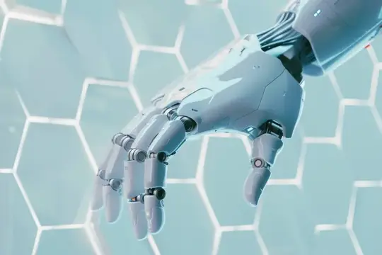 3D-рендер роботизированной руки на фоне светящихся сот