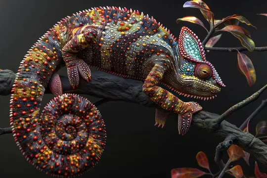 3D-рендер яркого хамелеона с разноцветной чешуёй на ветке