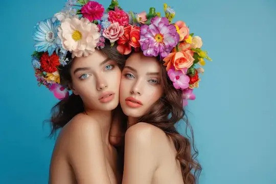 Две девушки в цветочных венках на голубом фоне