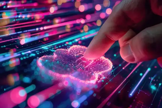 Палец касается светящегося облака на фоне неоновых цифровых лучей