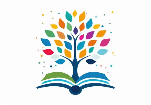 Открытая книга с красочными листьями и деревом посередине, символизирующая знания, рост и красоту природы