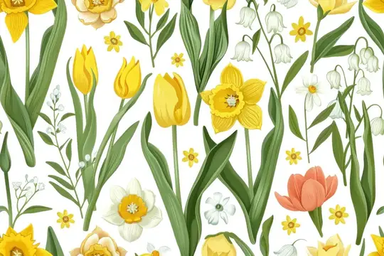 Иллюстрация с весенними жёлтыми тюльпанами и нарциссами