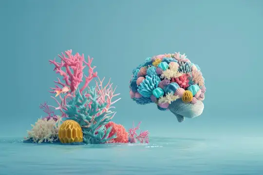 3D-рендер мозга из кораллов над водой на фоне рифов