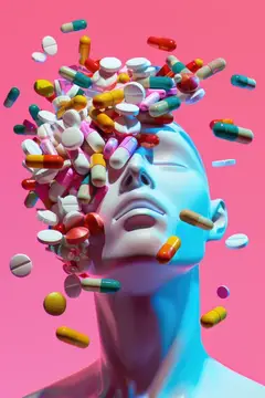 3D-рендер головы с рассыпающимися разноцветными таблетками на розовом фоне