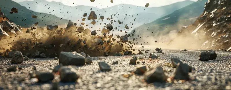 3D-рендер взрыва камней и пыли на горной дороге