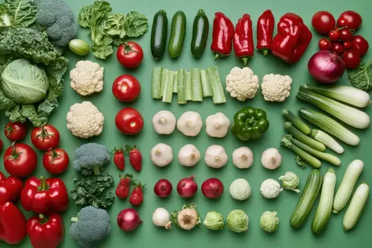 Свежие овощи и зелень, разложенные ровными рядами на зелёном фоне