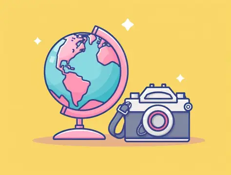 Иллюстрация с глобусом и фотоаппаратом на жёлтом фоне