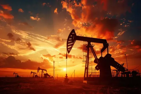 Нефтяные качалки на фоне огненного заката в степи