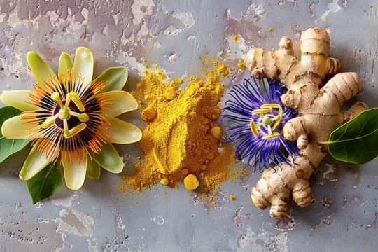 Яркая композиция с пассифлорой, корнем имбиря и порошком куркумы на деревенском фоне