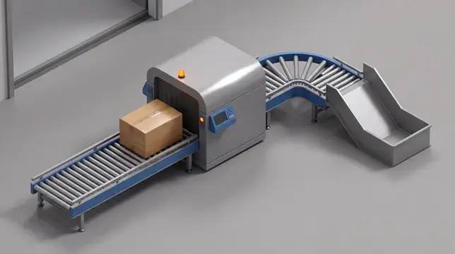 3D-рендер линии сортировки с коробкой на роликовом конвейере