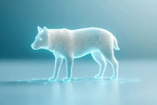 3D-рендер светящейся сетчатой фигуры волка на синем фоне