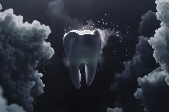 3D-рендер светящегося зуба среди тёмных облаков