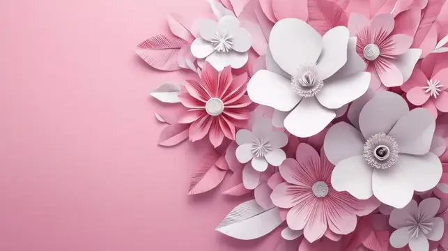 3D-рендер нежных розовых и белых бумажных цветов на розовом фоне