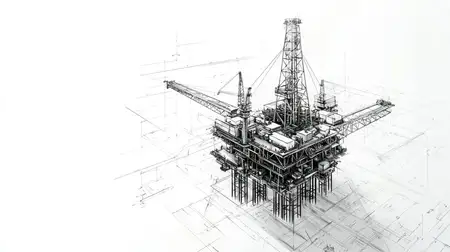 Черно-белая иллюстрация морской нефтяной платформы, подчеркивающая структуру и механизмы, участвующие в добыче нефти, идеально подходит для промышленных тем и проектов в энергетическом секторе