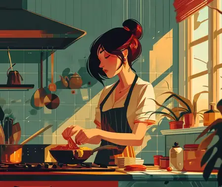 Счастливая повариха на кухне: иллюстрация в стиле мультфильма, изображающая молодую женщину-шеф-повара, домохозяйку, которая готовит вкусный овощной суп на ретро-плите