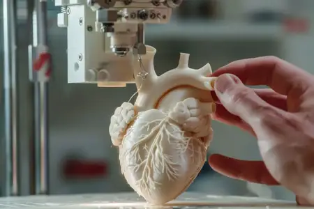 Модель человеческого сердца, напечатанная на 3D-принтере, стоит перед трёхмерным принтером, создающим медицинский прототип
