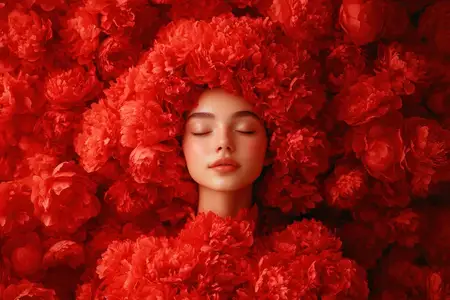 Безмятежная молодая женщина, погруженная в ярко-красные цветы