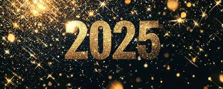 Золотые сверкающие цифры 2025 символизируют приближающееся празднование Нового года, окруженные ослепительными огнями и блестками, создавая радостную и праздничную атмосферу
