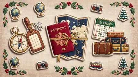 Сшитое праздничное туристическое изображение с паспортом, картой, багажом и календарными деталями для сезонных акций и праздничной упаковки