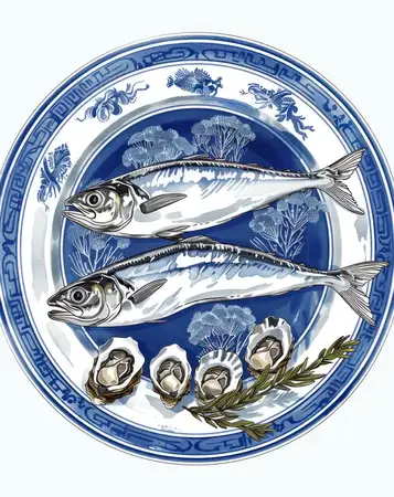 Красиво оформленное блюдо из морепродуктов с двумя целыми рыбами и устрицами, дополненное свежей зеленью на яркой синей декоративной тарелке