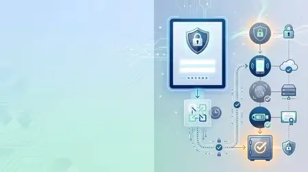 Инфографика по кибербезопасности без текста: точки пароля, защищённое устройство для входа, замок, этапы верификации и чистое левое пространство для текста