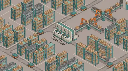 Изометрический склад с автономными роботами, перемещающимися по проходам между стеллажами, зарядной станцией и конвейерной сортировочной системой, точная иллюстрация логистической инфраструктуры