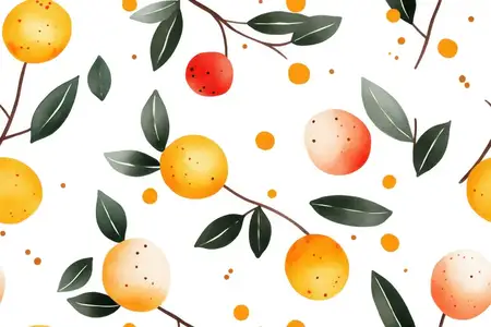 Красочная иллюстрация с апельсинами и зелеными листьями на белом фоне