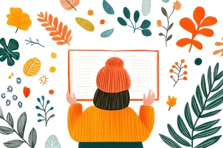 Теплая и привлекательная иллюстрация женщины, наслаждающейся книгой среди красочных осенних листьев, олицетворяющая отдых, природу и смену времен года яркими оттенками