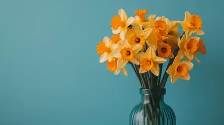 Красивые желтые нарциссы в стеклянной вазе на ярком голубом фоне для весеннего декора