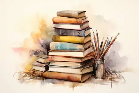 На фоне стопки старых книг и университетских учебников изображена винтажная мебель