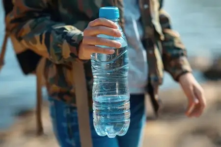 Человек держит бутылку воды на фоне безмятежного водоема в солнечный день